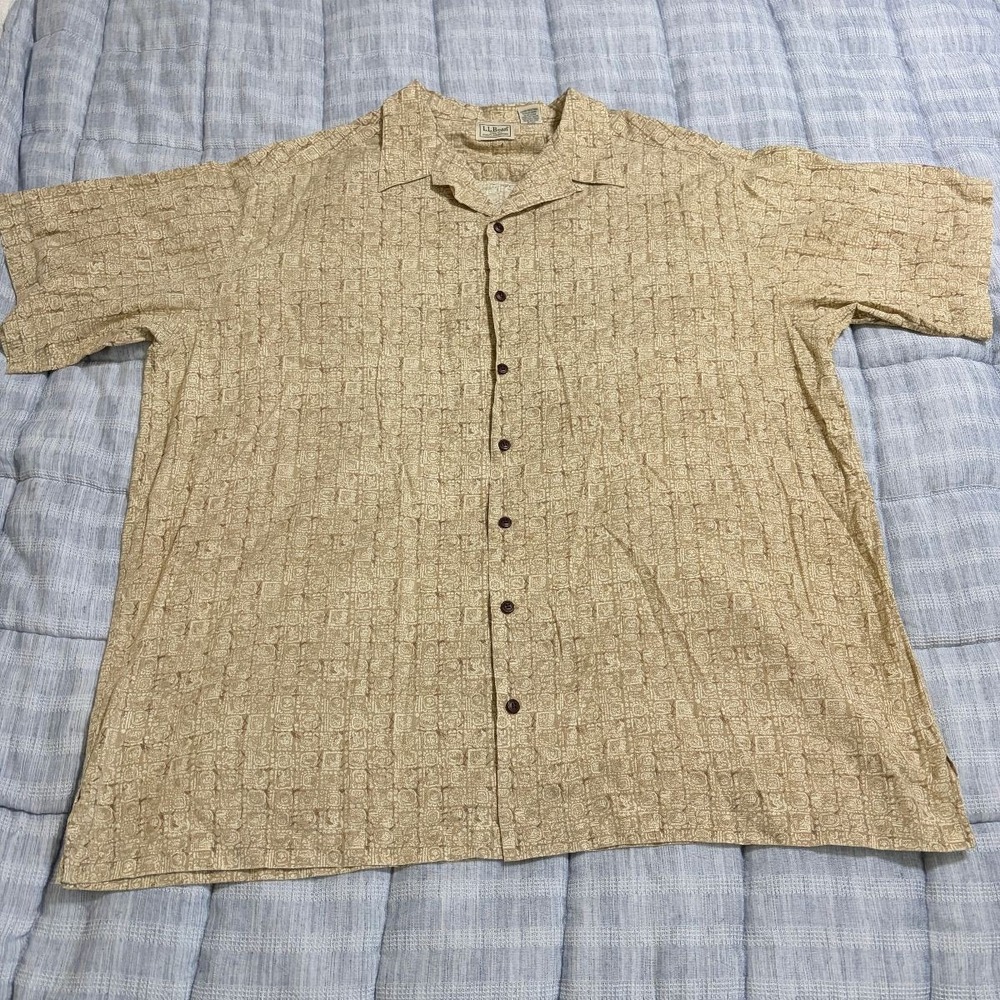 LL Bean Button Up Shirt Mens XLT Tan Paisley Cotton Short Sleeve Casual Collared